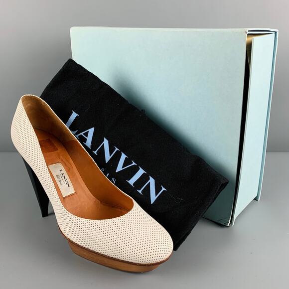 LANVIN Size 11 White Brown Leather Perforated Platform Pumps - Picture 9 of 10